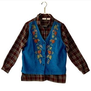 Bobbie Brooks Plaid Shirt with Embroidered Denim Vest Overlay